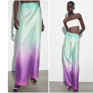Zara Ombre Satin Pants High‎ Waist Wide Leg Flowy Mint Purple Side Zip XS NWT